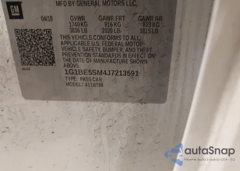 2018 Chevrolet Cruze Lt Auto z USA, uszkodzony, nr VIN 1G1BE5SM4J7213591
